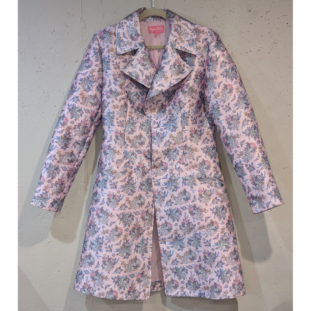 Sugar Thrillz Dolls Kill Trench Coat Pastel Pink Dragon Floral Metallic Sheen L